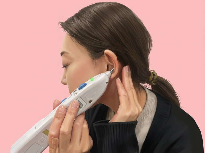 耳つぼ探知機を使用している様子